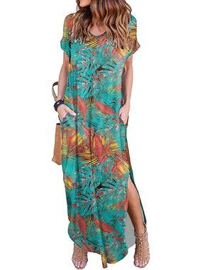 Women Orange Blue Summer Maxi Long Dress Casual Loose Short Sleeve Split Pockets